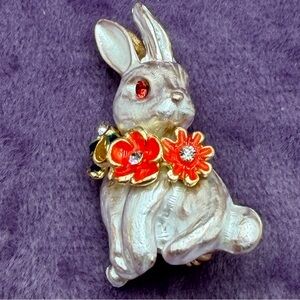 Baby  v Bunny Brooch with Coral Flowers